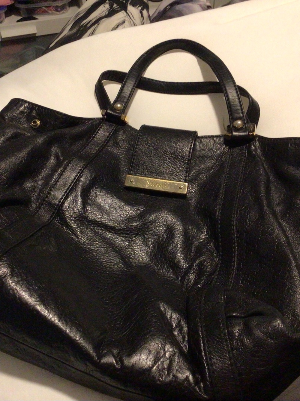 Gucci Black Leather Tote with Gold Plaque